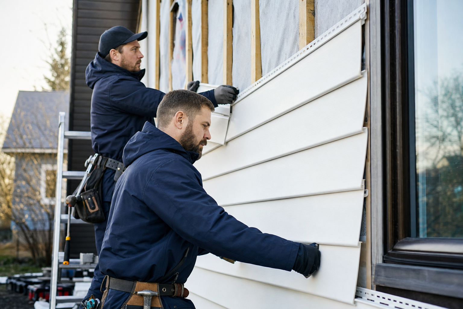 Two contractors installing new white vinyl siding