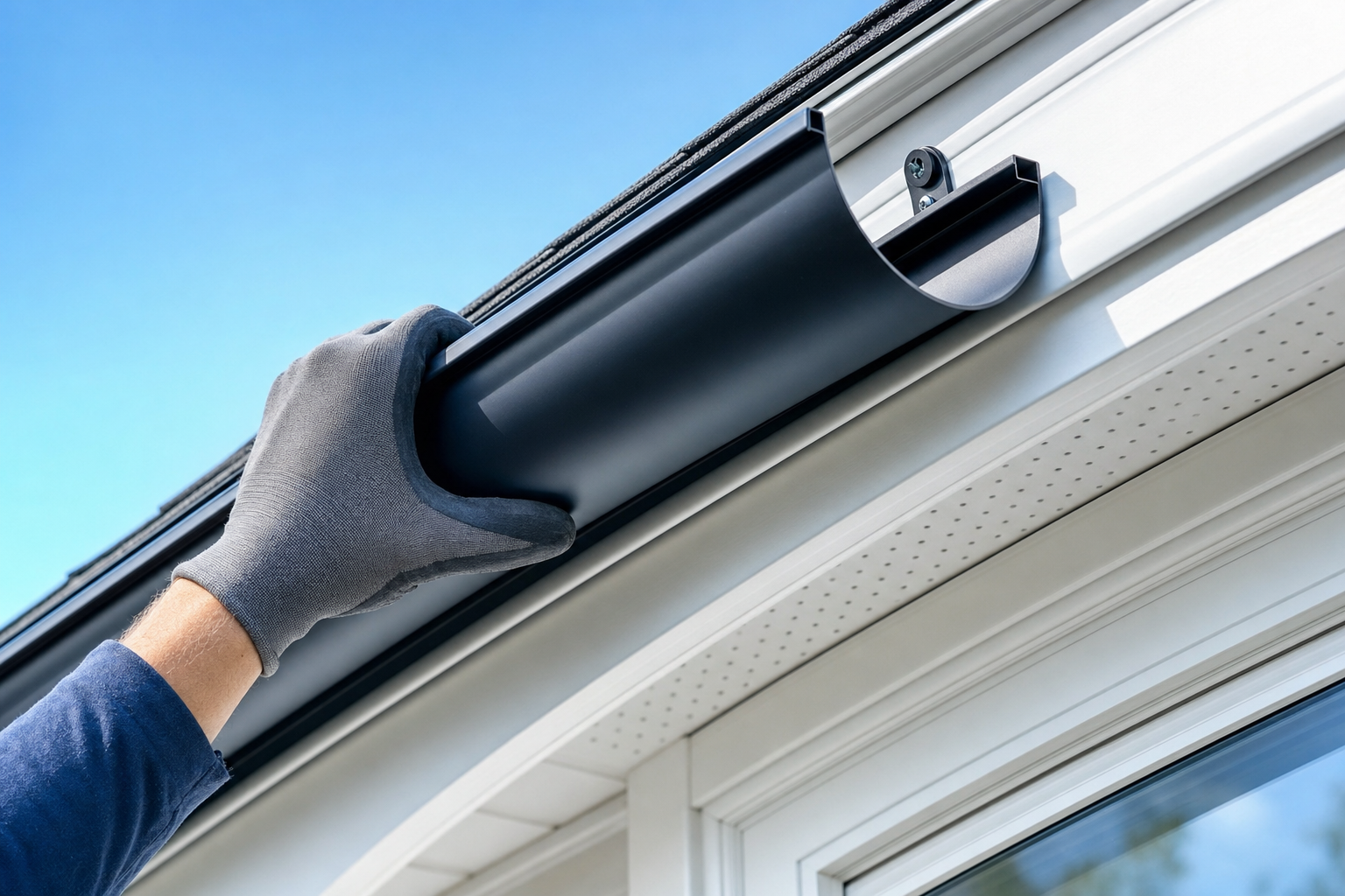 Close-up of a new seamless black gutter being installed
