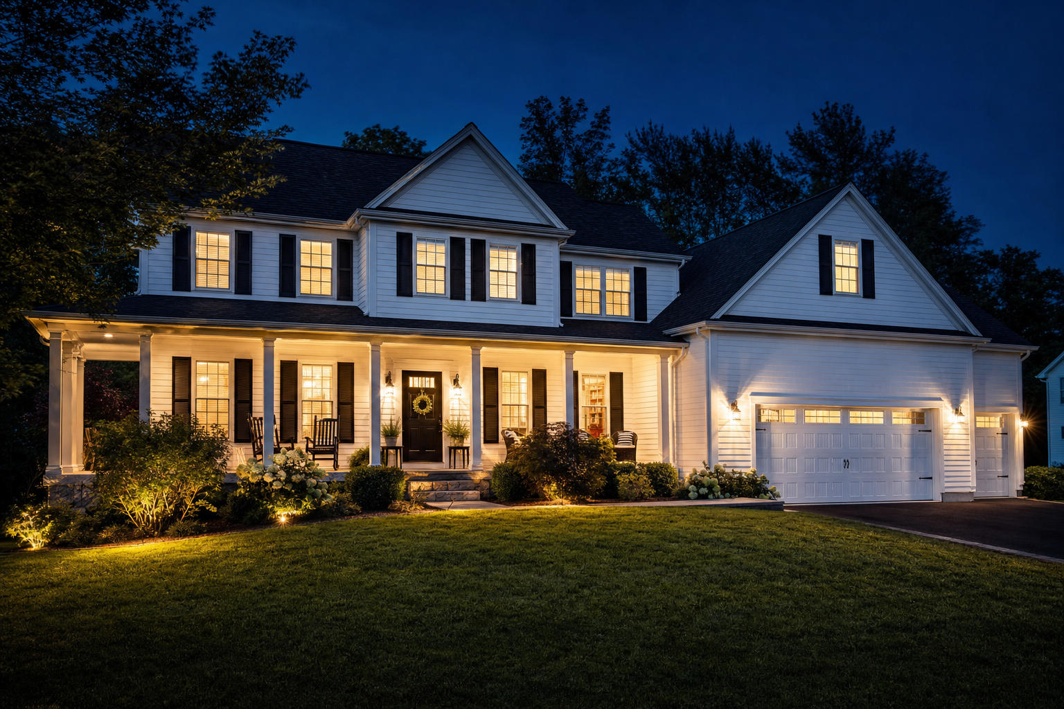 A renovated two-story home in the Twin Cities with new roofing and siding, glowing warmly at dusk